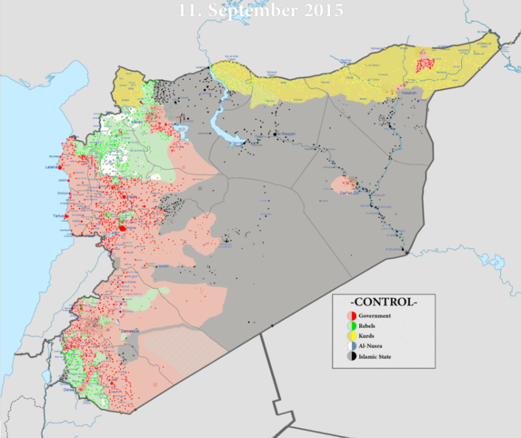 The current situation in Syria according to a Wikipedia map -- showing territory controlled by ISIS, the Assad regime, Syrian rebels, and Kurdish forces (YPG).